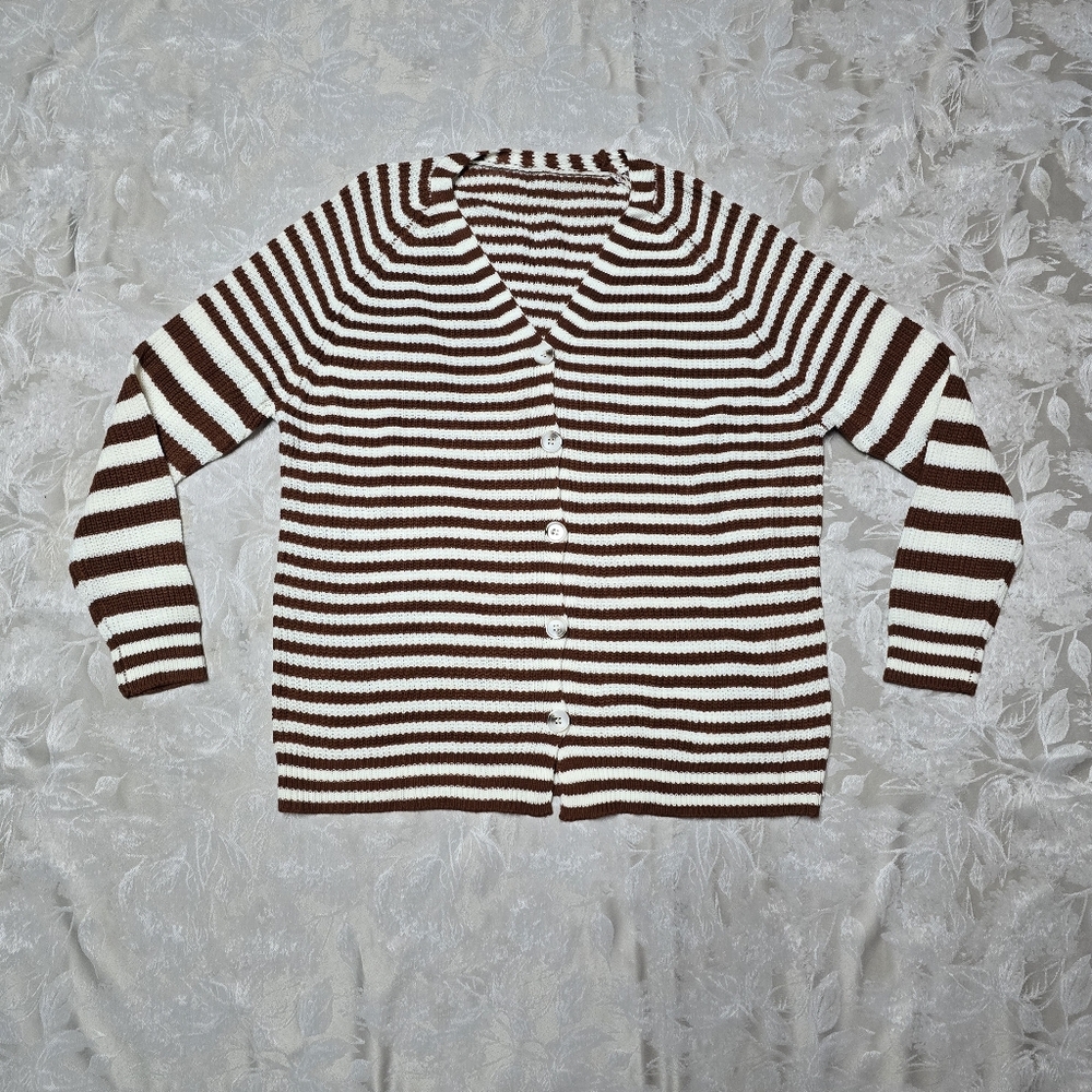 Women Stripes Button Cardigan Sweater L Casual V Neck Knitted Sweater Outwear